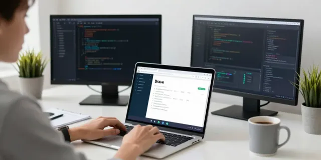 Brave browser interface on a laptop in a modern home office setting.