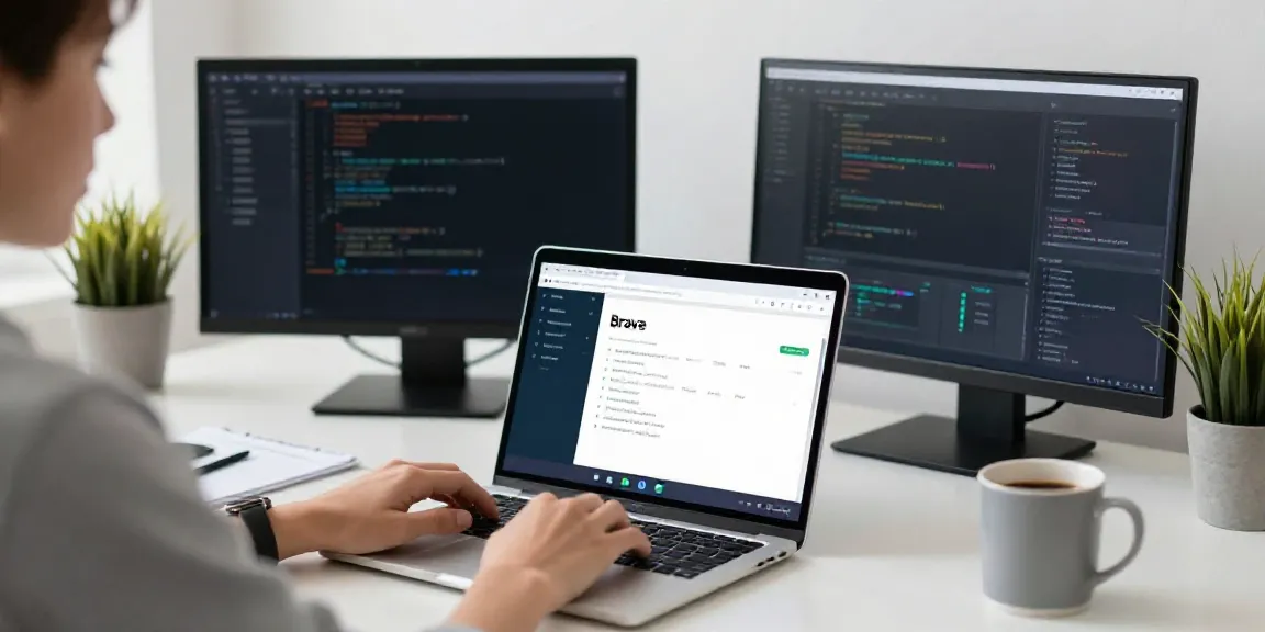 Brave browser interface on a laptop in a modern home office setting.