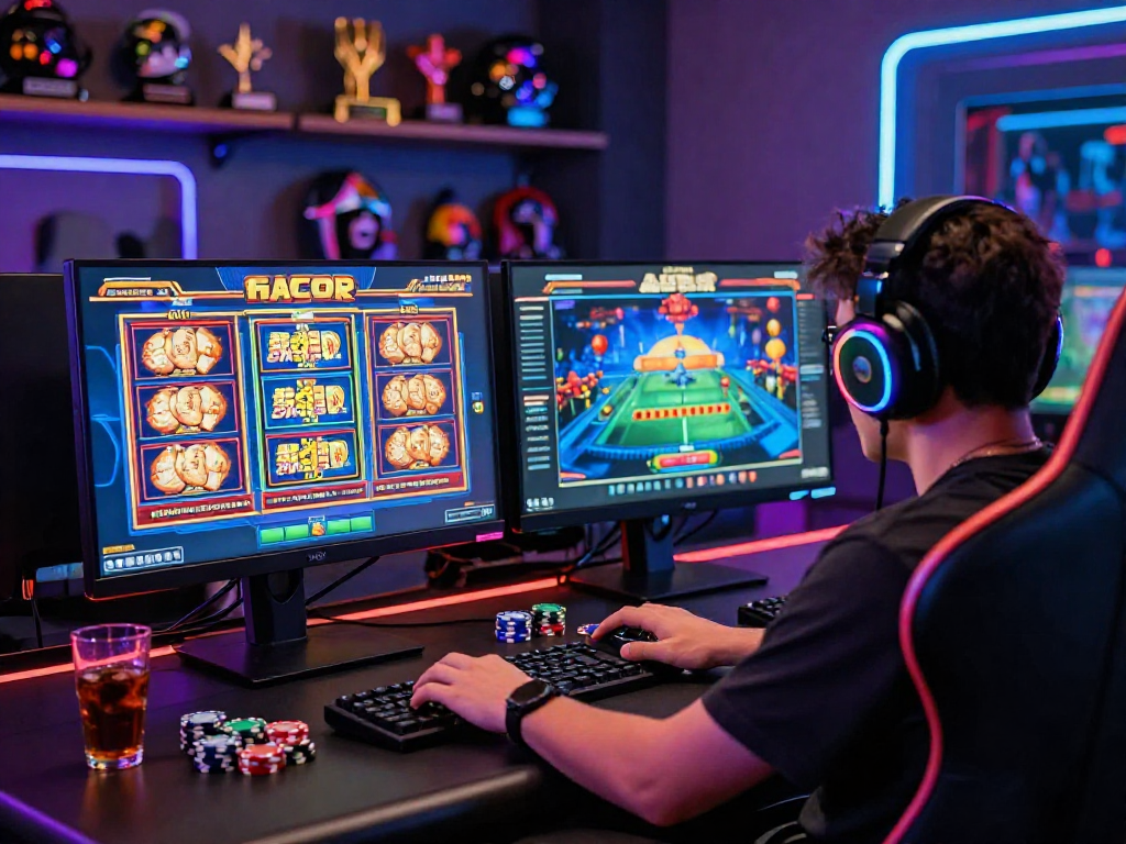 Engaged gamer experiencing slot gacor excitement in a vibrant setup