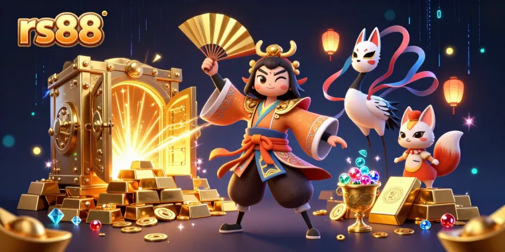 Experience the excitement of rs88 with a colorful 3D casino scene featuring vibrant characters and treasure elements.