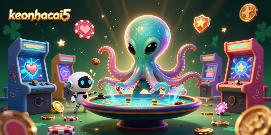 Engage with keonhacai5's immersive 3D casino experience featuring an alien octopus and arcade elements.