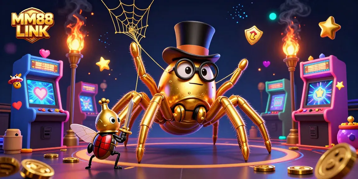 Engage with MM88 LINK's thrilling gaming experience featuring a golden tarantula and beetle knight.