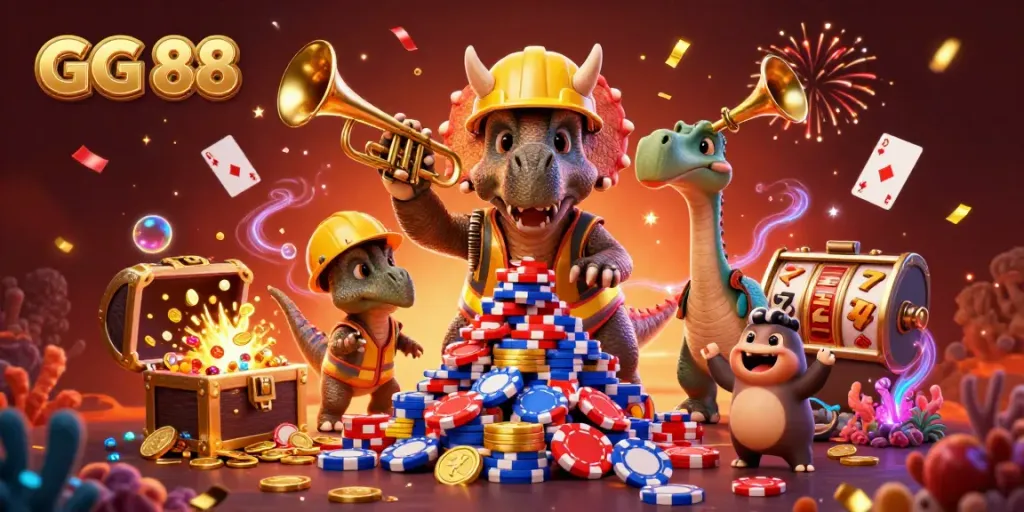 Celebrate wins with GG 88 as triceratops builds poker chip pyramid in a vibrant casino scene.