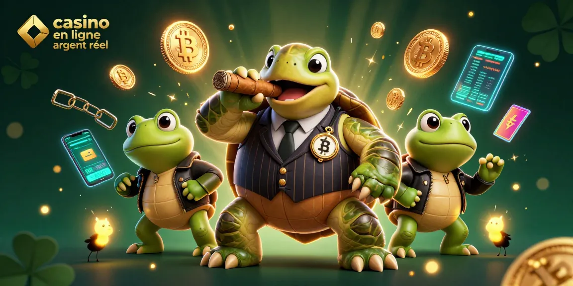 Découvrez 'casino en ligne argent réel' avec une scène animée de tortue et grenouilles au casino.