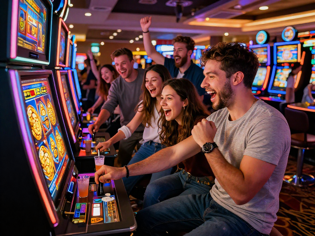 Group cheering around a slot gacor machine in a lively casino