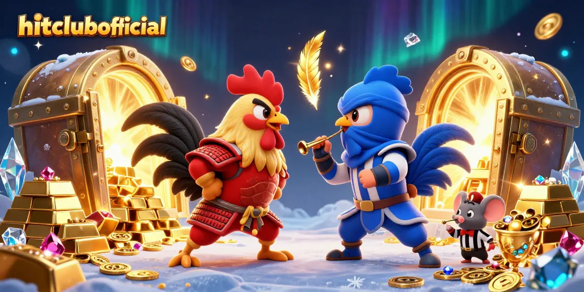 Engage in thrilling gameplay at hitclubofficial with dynamic fighting roosters and golden treasure in a vibrant scene.