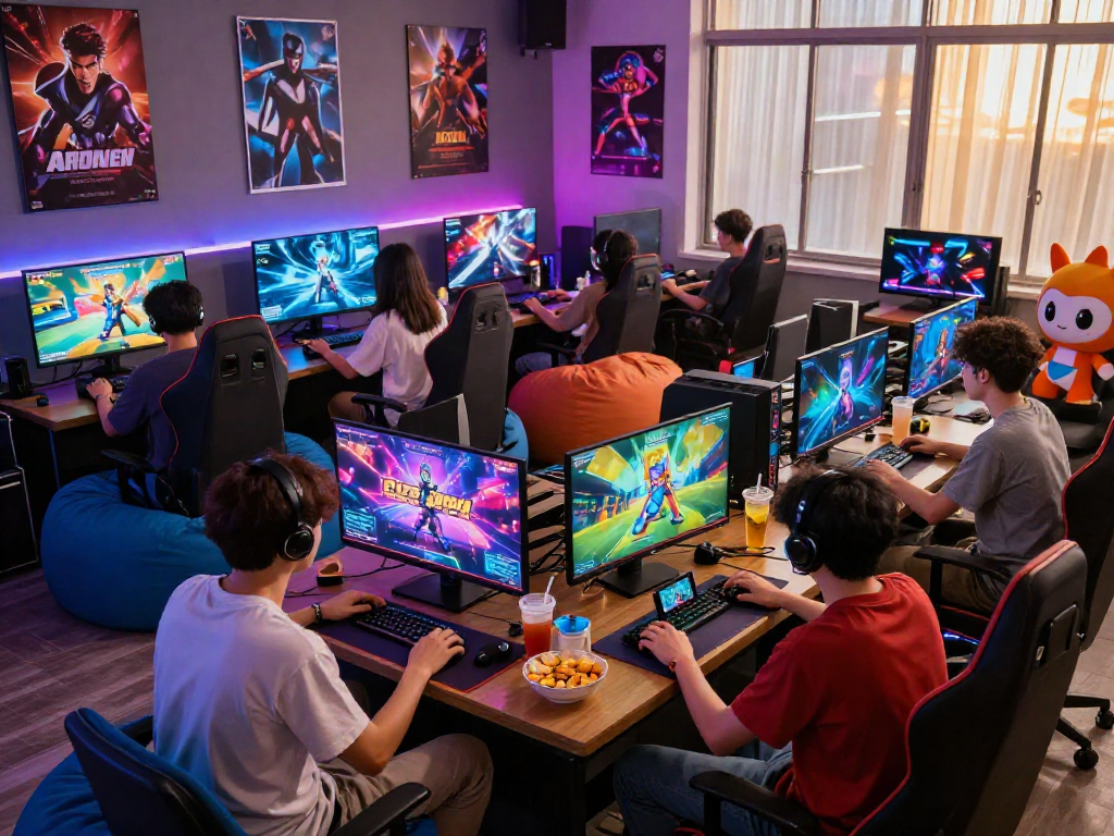 Group enjoying porn games in a vibrant gaming lounge with colorful screens.
