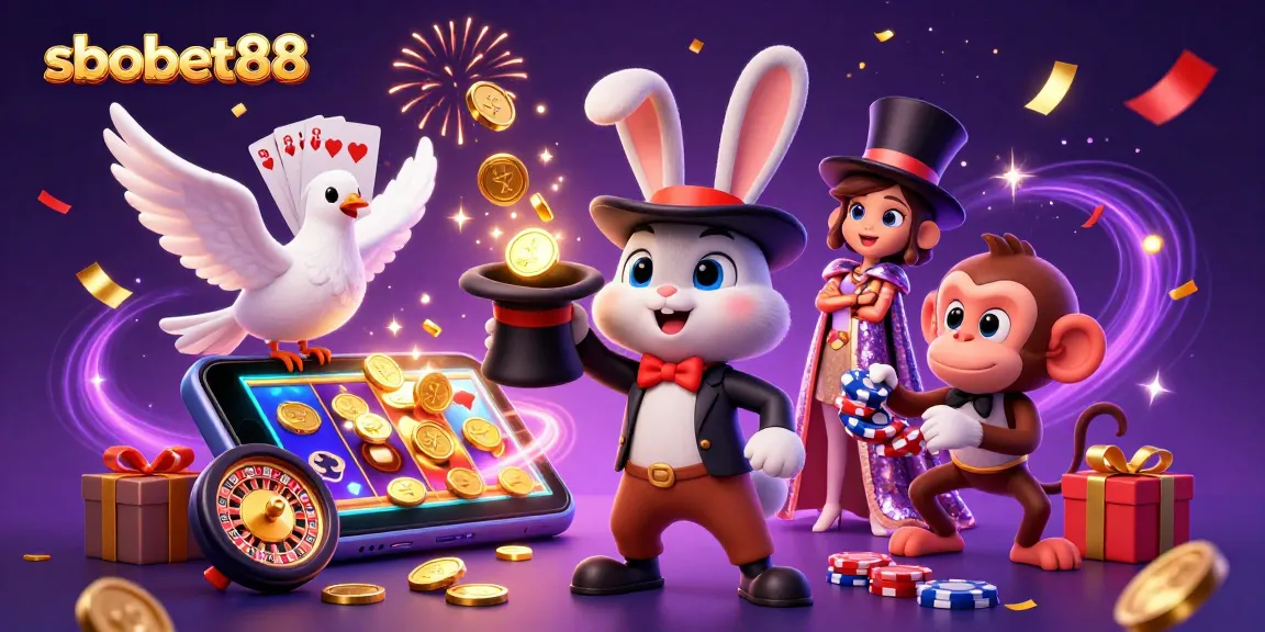 SboBet88 offers an engaging experience with a magician rabbit, glamorous dove, and monkey amidst vibrant casino elements.