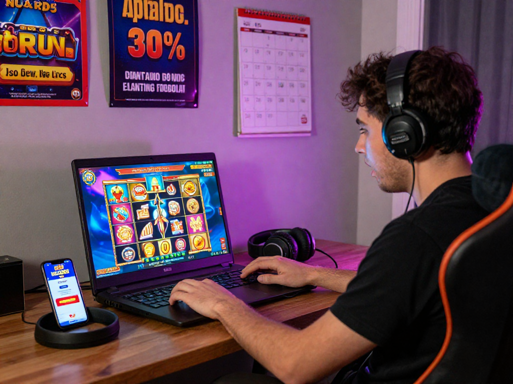 Excited player engaging in slot88 online gaming on a laptop with vibrant graphics and gaming accessories.