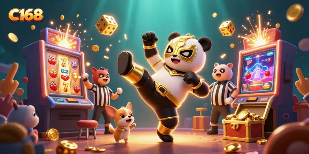 Experience the thrill of C168 with a roaring panda wrestler and dynamic casino elements.