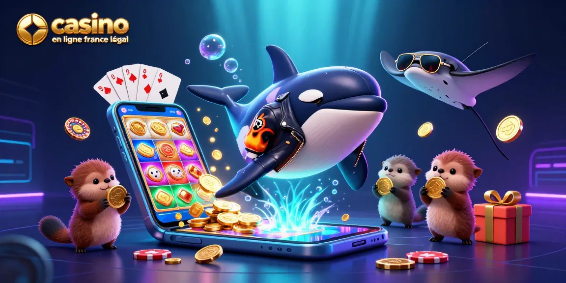 Illustration dynamique montrant un orque, une raie et des loutres utilisant des pièces d'or sur un casino en ligne France légal.