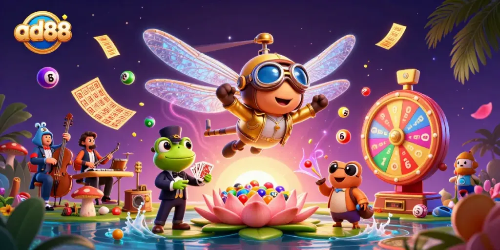 Play at ad88, where a frog croupier deals cards while a dragonfly pilot hovers above a casino scene.