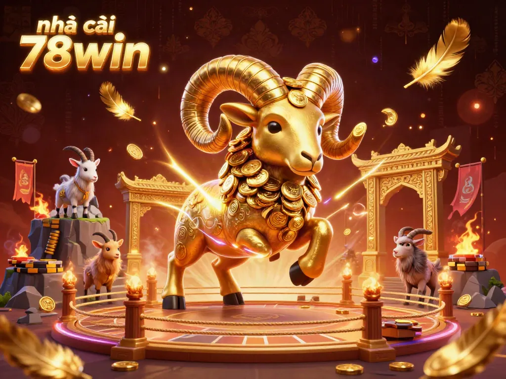 Experience the thrill with nhà cái 78win as a golden ram charges through a casino-like arena.