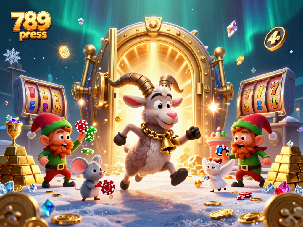 Play dazzling games at 789win press with 3D casino scene featuring Krampus and festive elements.