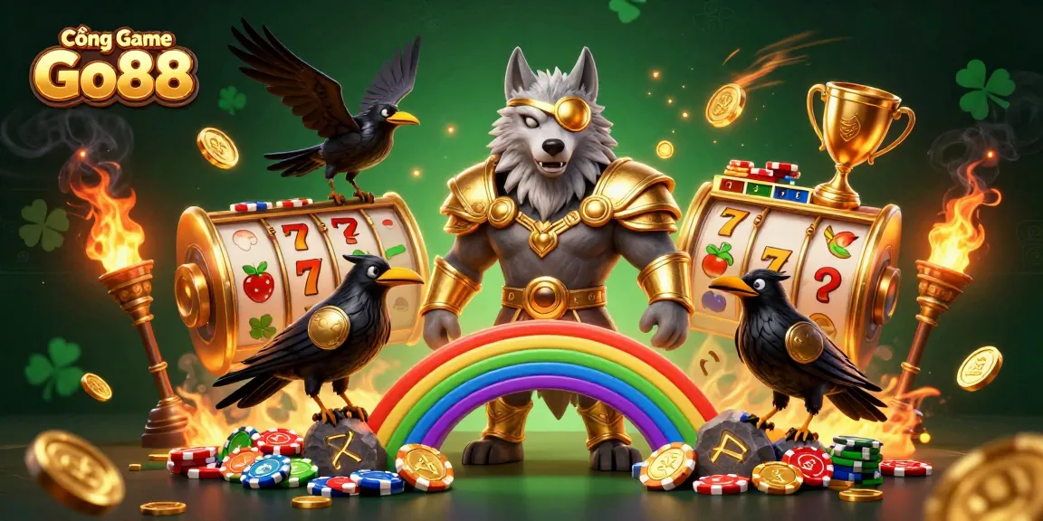 Experience the magic of Cổng Game Go88 with a vibrant 3D illustration showcasing Norse mythology elements and exciting slot games.