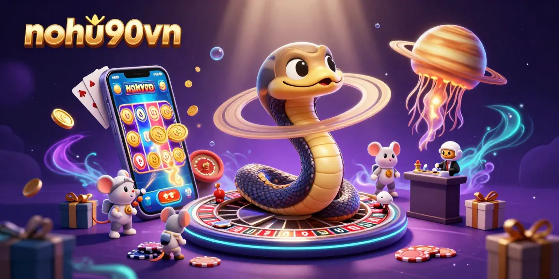 Nohu90vn offers an immersive gambling experience with a casino atmosphere featuring 3D characters and vibrant game elements.