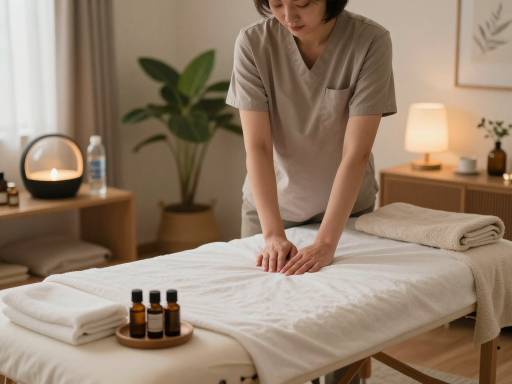 신촌출장안마 session setup with a professional therapist preparing a relaxing home environment.