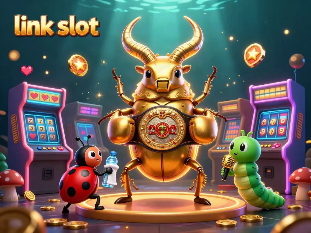 Engaging scene featuring a giant golden stag beetle and characters representing jackpot-winning excitement in link slot gaming.
