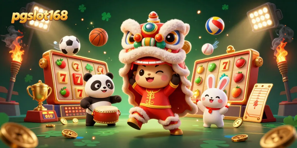 Experience excitement with pgslot168 as a dancing lion, drumming panda, and lucky symbols fill the scene.