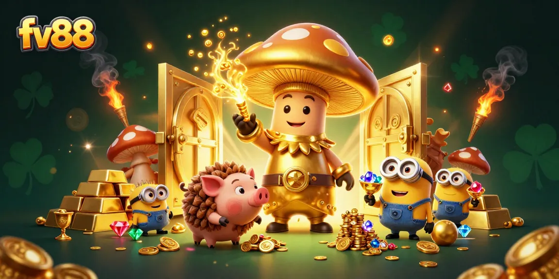 Experience the magic at fv88 as a golden mushroom wizard turns everything to gold amid vibrant treasures.