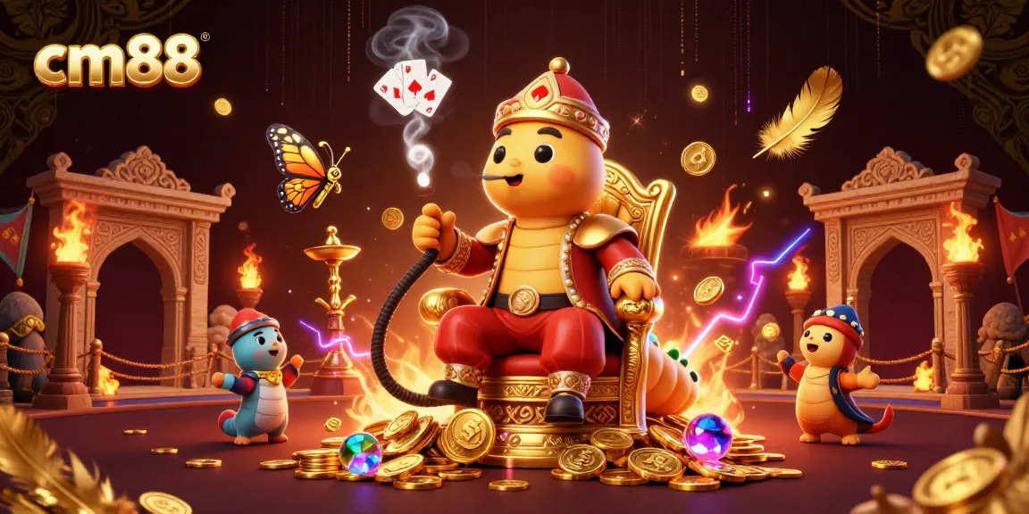Experience the thrilling action at cm88 with an energetic caricature illustration of a hookah-master and vibrant casino elements.