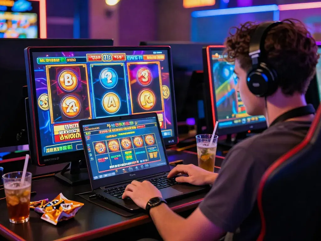 Engaged player enjoying a thrilling slot online game on a laptop, vibrant gaming atmosphere.