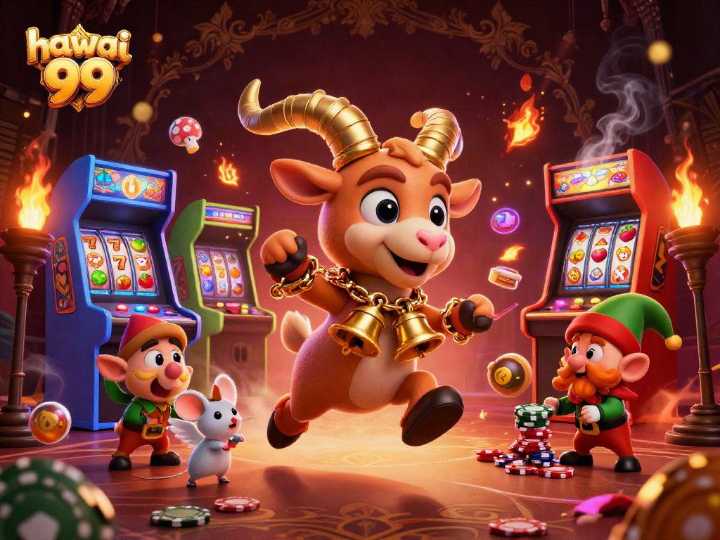 Experience thrilling action at the hawai 99 casino with characters amidst playful gaming chaos.