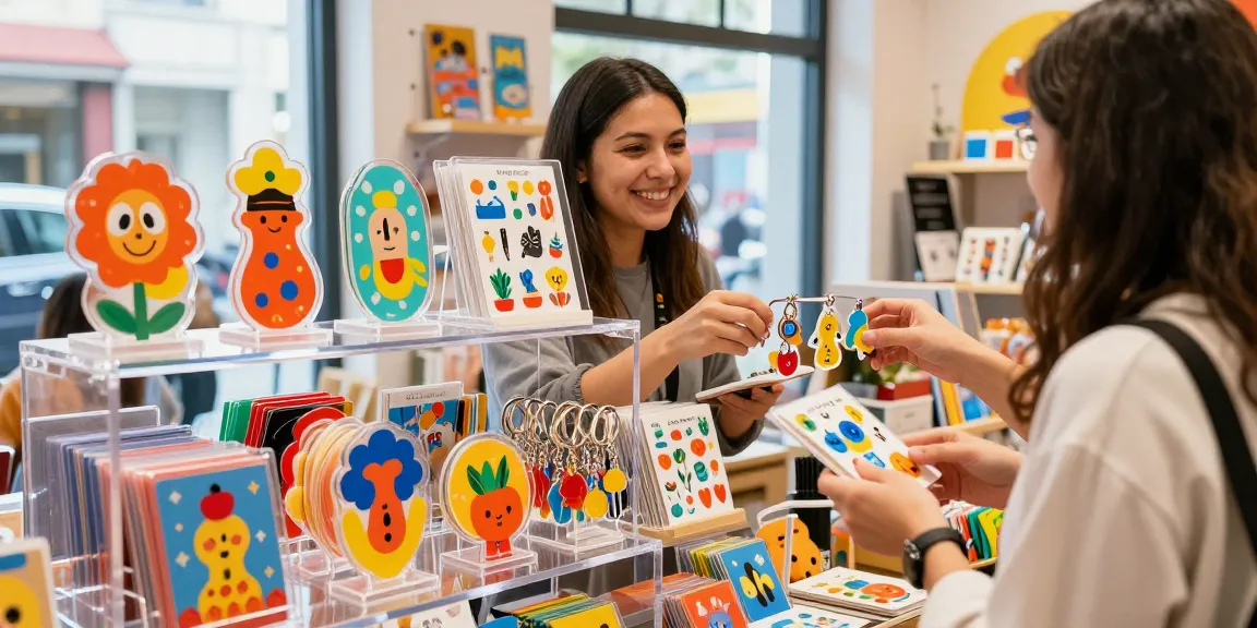 Acrylic stand display showcasing colourful custom designs in a vibrant retail space.