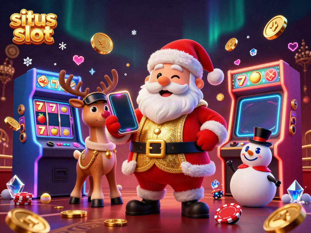 Santa Claus promotes situs slot with jackpot slots in a vibrant casino scene.
