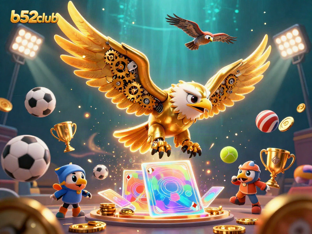 Experience the thrill of winning with b52club, showcasing a dynamic 3D scene of an eagle amidst holographic playing cards and sports elements.