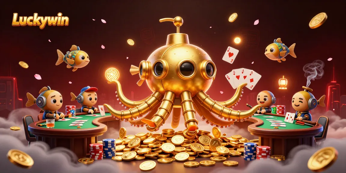 Engage in thrilling casino action with Luckywin's 3D illustration featuring a golden kraken and poker elements.