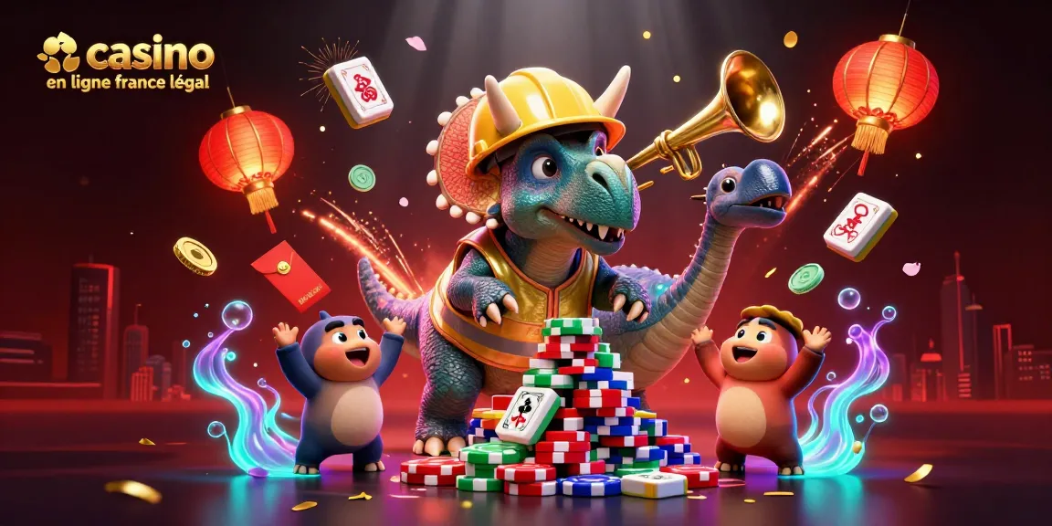 Illustration festive sur le thème du casino en ligne France légal avec un triceratops et des éléments de jeu