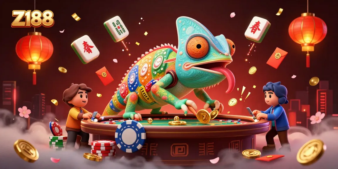 Experience the thrill of winning with Z188's vibrant casino scene featuring a chameleon owner and dynamic game elements.