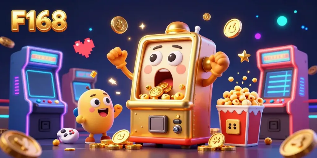 Experience F168 magic with a golden slot machine hitting a jackpot in a vibrant gaming celebration.