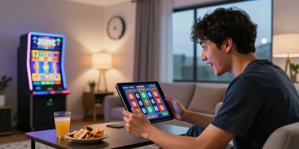Engaged player enjoying judi slot online on a tablet in a cozy living room.