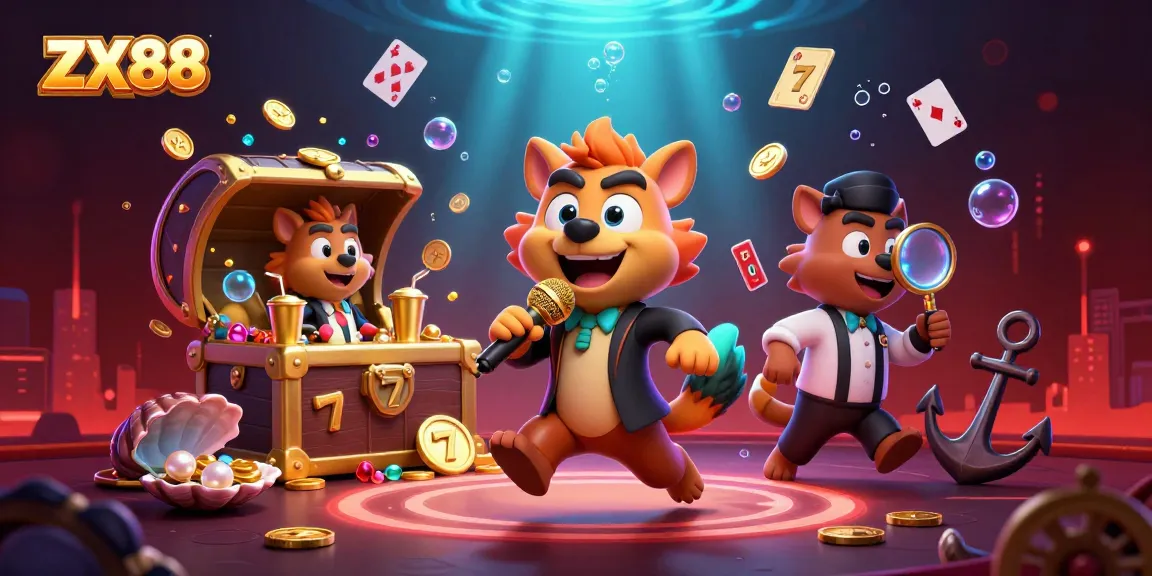 Experience the excitement of ZX88 with a vibrant casino scene featuring animated hyenas and slot elements.
