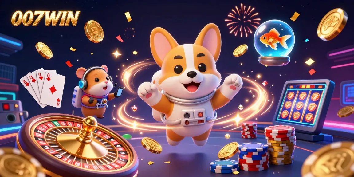Win big with 007WIN in a vibrant space station casino scene filled with playful characters and dazzling game elements.
