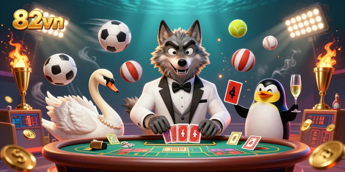 Experience thrilling baccarat action with 82vn's sophisticated illustration featuring a wolf, swan, and penguin in a dynamic casino scene.