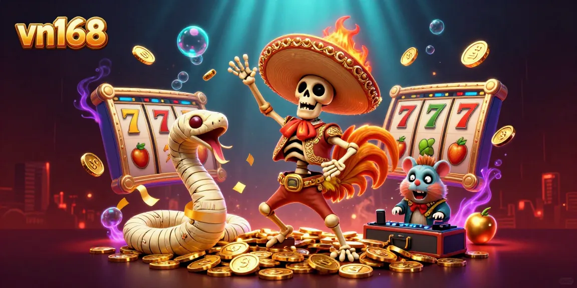 Experience winning thrills with vn168 slot jackpots as vibrant characters celebrate amid coins and casino symbols.