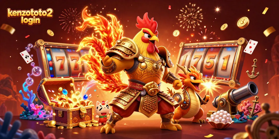 Masuk ke kenzototo2 login dengan petarung ayam dan naga, simbol jackpot dan koin emas.