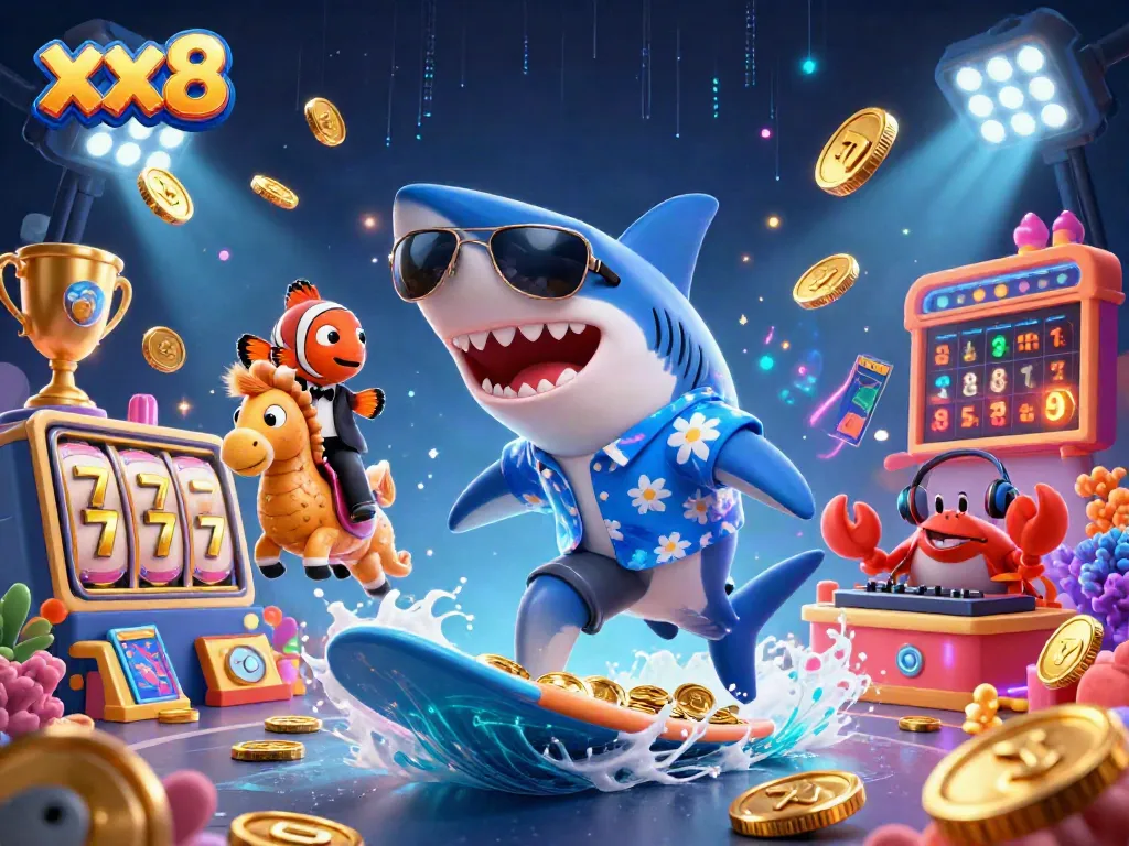 Experience the fun at xx8 with vibrant characters surfing on gold coins amidst slot reels and exciting casino action.
