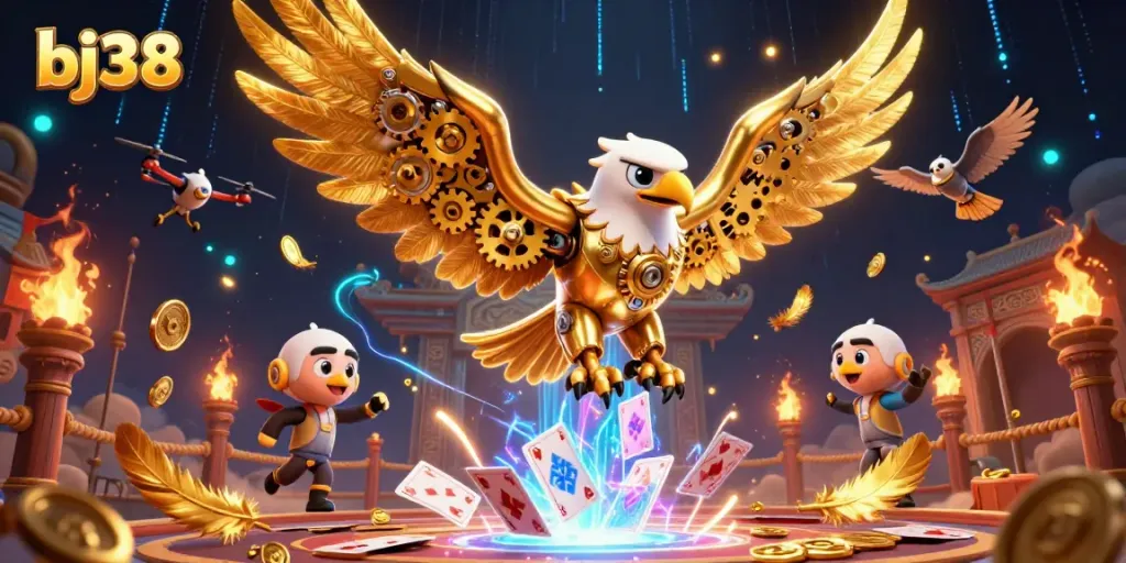 Experience thrilling gameplay with bj38, as a cybernetic eagle dives through holographic cards.