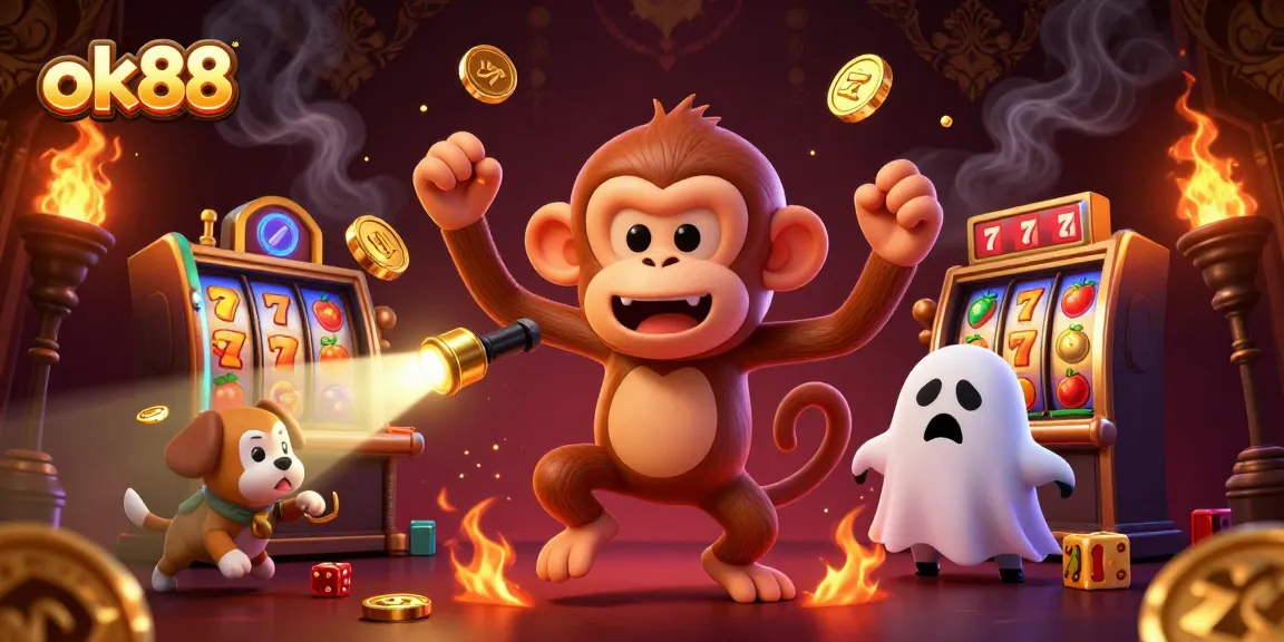Engage with ok88's thrilling casino experience featuring playful characters in an energetic gaming environment.