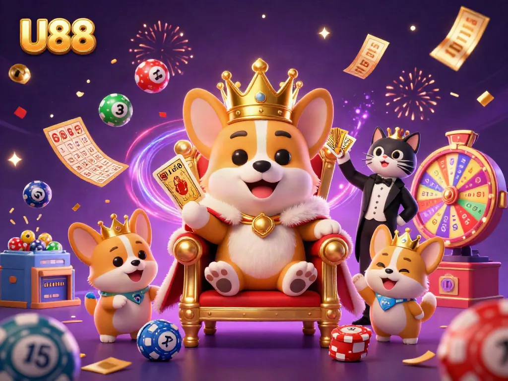 U88 gaming experience illustrated with a royal corgi, cat butler, and vibrant casino elements.