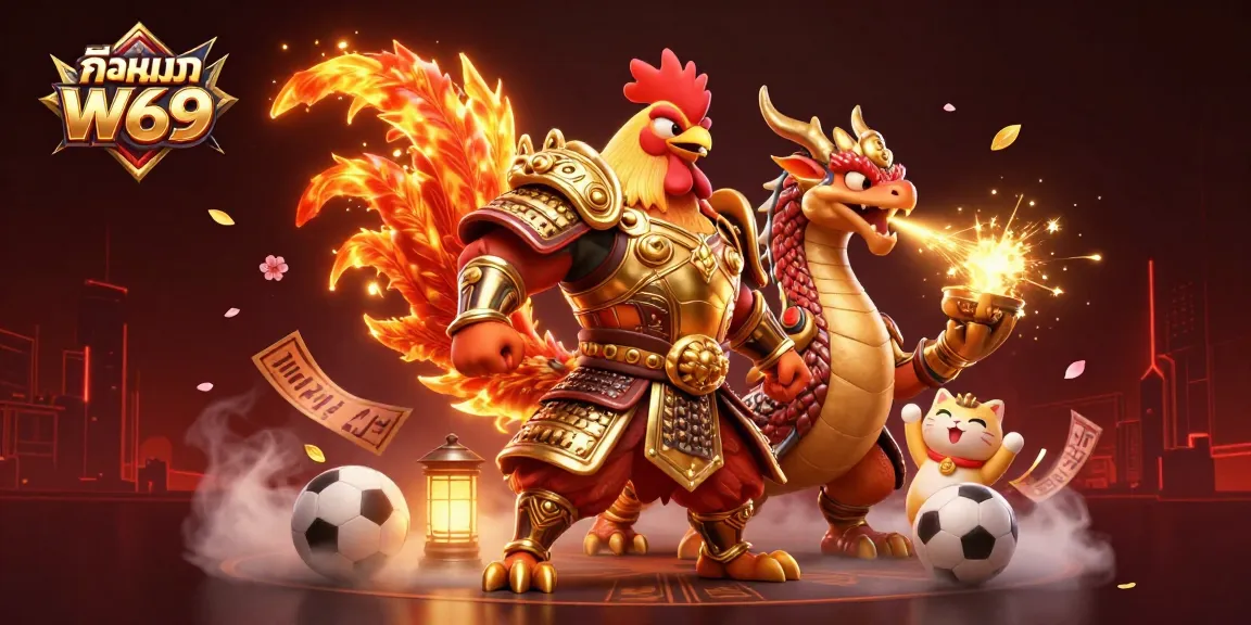Engage in exhilarating sports betting with กีฬา W69 as roaring characters celebrate victory amid dynamic gaming elements.