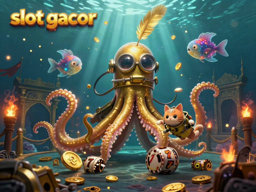 Experience thrilling slot gacor winning moments with a dynamic illustration of a colossal kraken, lucky symbols, and enchanting sea creatures.