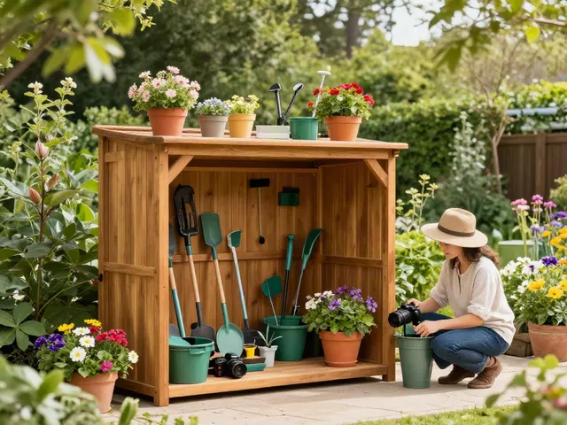 Elegant garden storage solutions showcasing a wooden shed filled with tools and flowers.