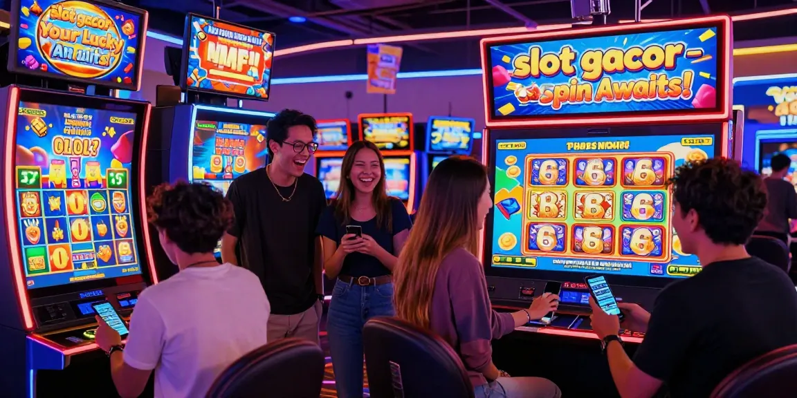 Engaging scene with friends enjoying slot gacor games, vibrant digital casino atmosphere.