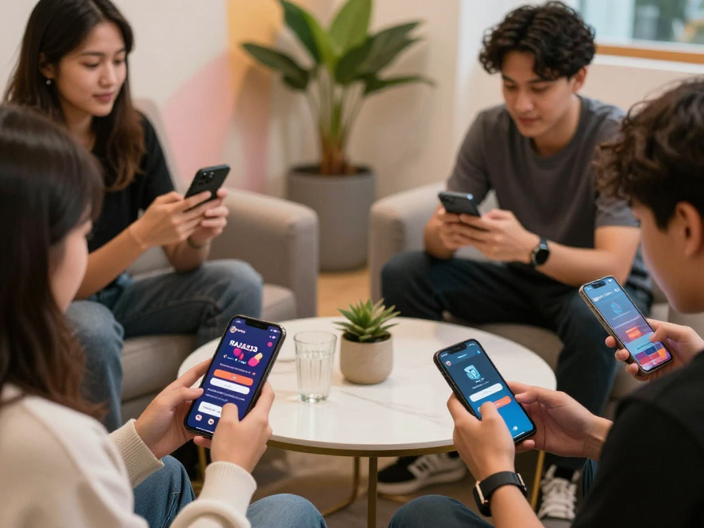 Engaged users playing RAJA328 on mobile devices in a vibrant setting.