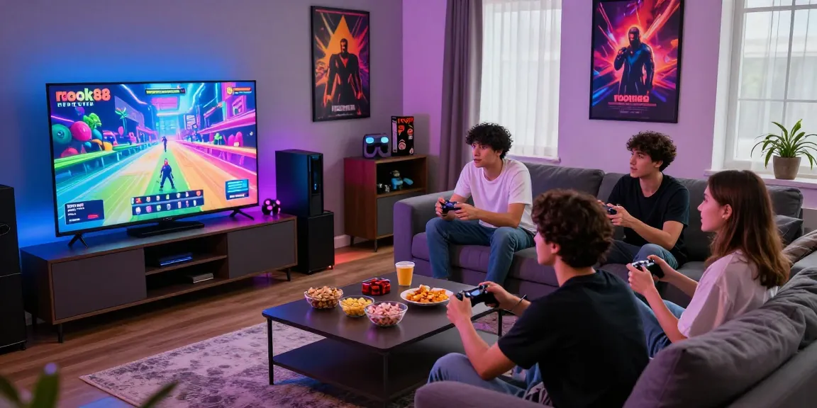 Young adults enjoying a gaming session with rokok88-themed games.